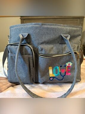Gray Women’s Tote Bag with Colorful 'LOVE' Embroidery